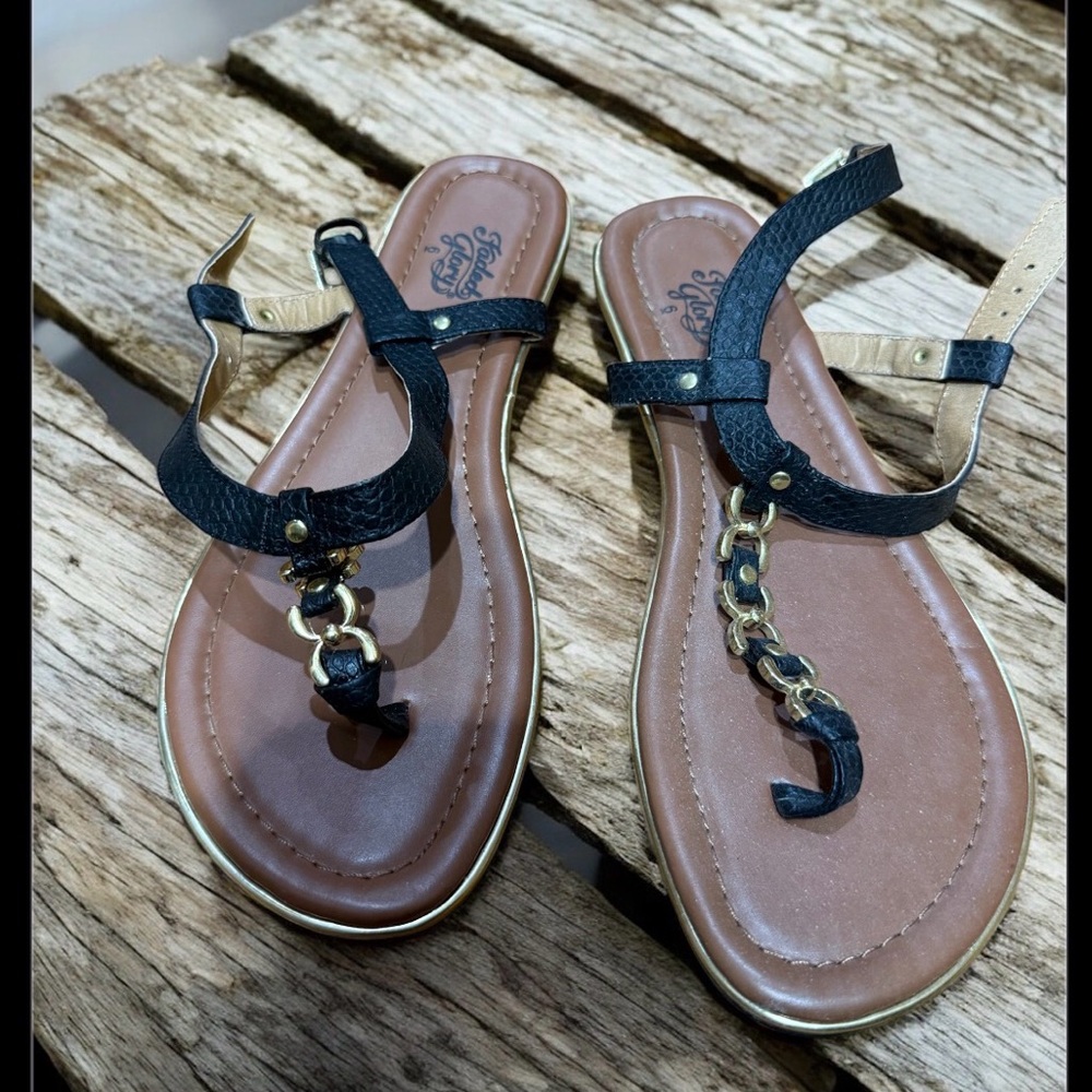 Black and Tan Sandals with Gold Chain
